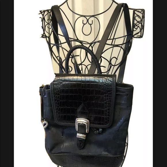Authentic Vintage Brighton Leather Crocodile Black BackPack Heart Charm Silver - Picture 4 of 15